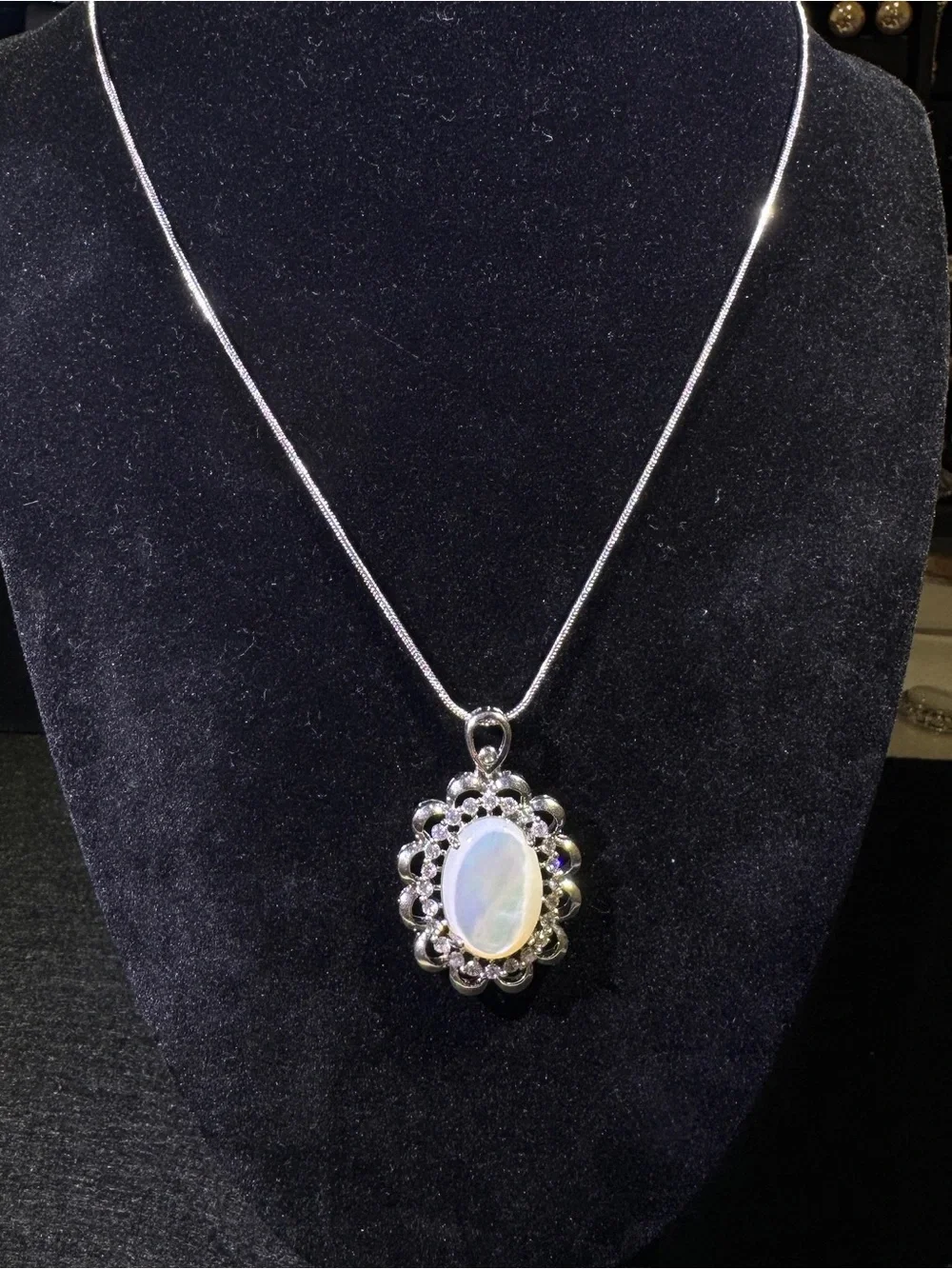 Vintage Mother of Pearl CZ Halo Pendant Necklace